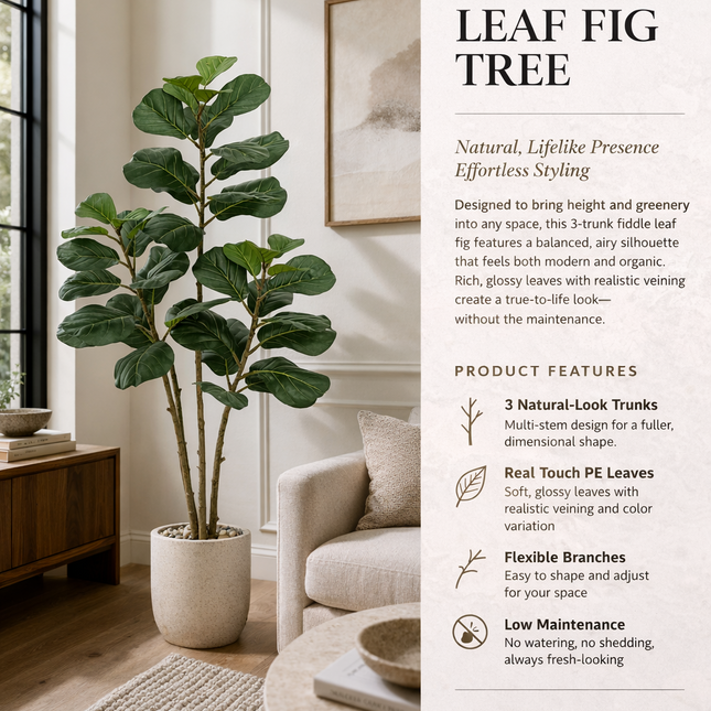 Fiddle leaf fig tree in a living room setting with product features displayed on the right.