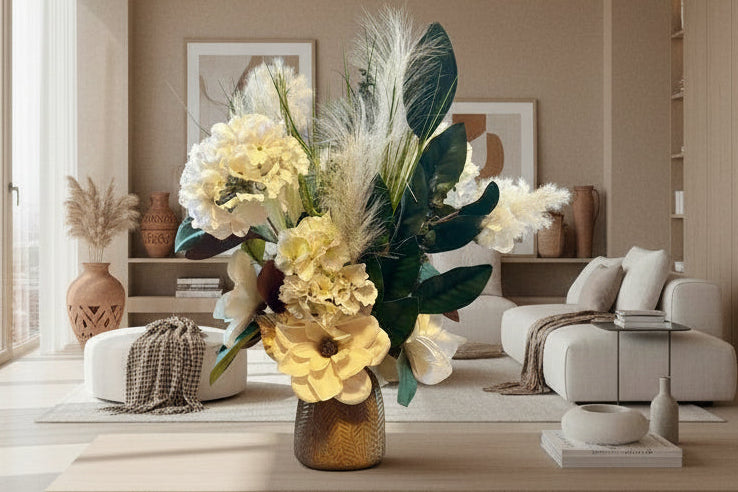 Floral arrangement with white flowers and green leaves in a textured gold vase on a wooden surface.